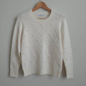 Women’s Cream Knit Crewneck Sweater with Diamond Stitch